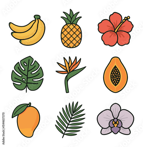 Tropical Plant Icon Set. Flat icon set of tropical plants and fruits: banana bunch, pineapple, hibiscus flower