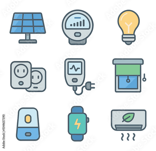 Smart Energy and Wellness Icons. Flat icon set of energy-efficient smart devices: solar panels, smart meter,