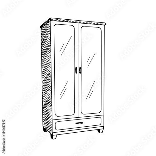 Classic wardrobe with mirrored doors and drawer.  This elegant wardrobe features two mirrored doors reflecting light and a convenient drawer below.