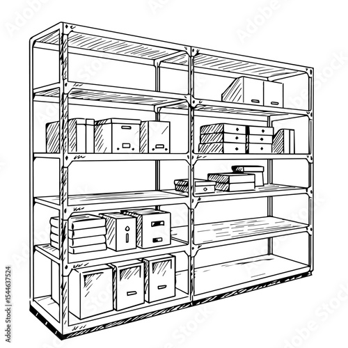 Sturdy metal shelving unit with boxes and files.  Shelving system provides ample storage for office supplies and documents.