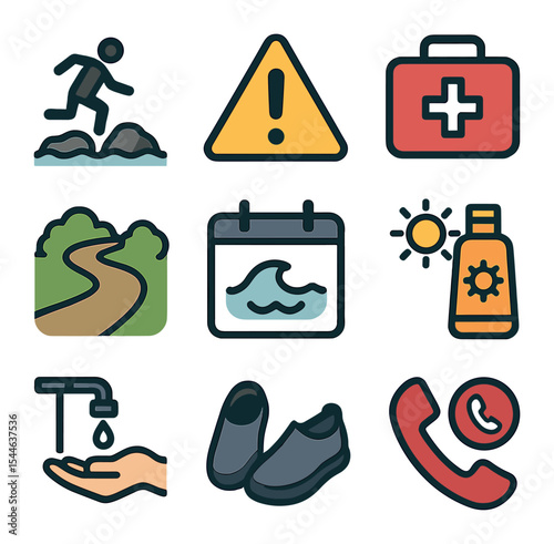 Tidal Pool Safety Icons. Flat icon set of tidal pool visitor safety: slippery rocks, warning sign, first aid