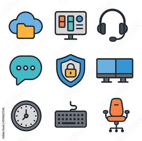Remote Work Icon Set. Flat icon set of remote work tools: cloud storage, project management app, headset with