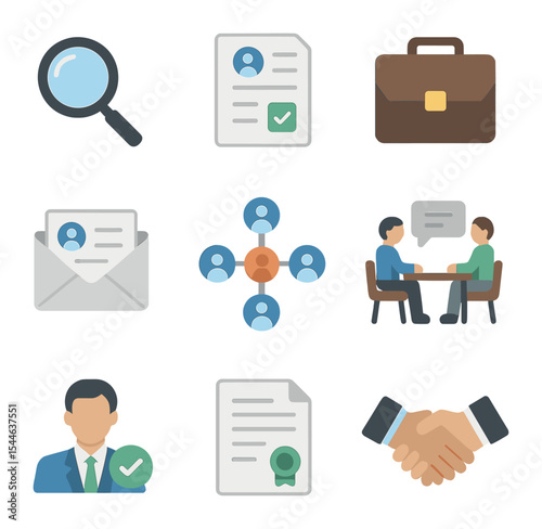 Job Search Icons. Flat icon set of job search activities: magnifying glass, job application form, portfolio,