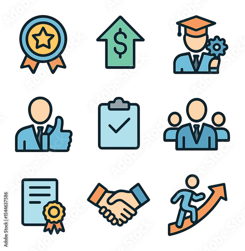 Career Milestone Icons. Flat icon set of career growth milestones: promotion badge, salary increase, skill