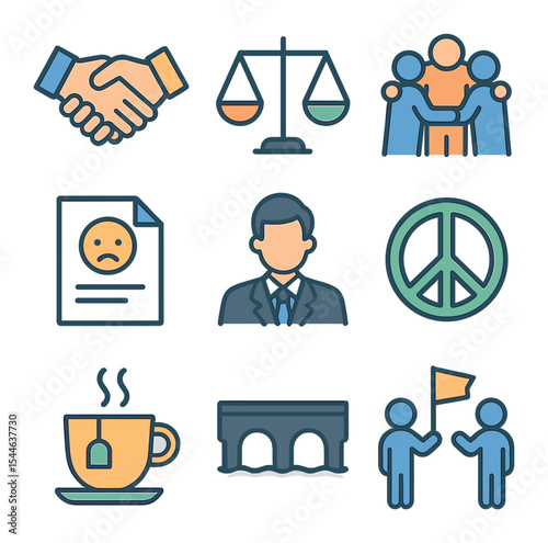 Resolution Strategy Icons. Flat icon set of resolution strategies: handshake agreement, compromise scale, team