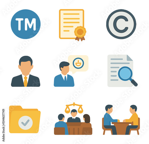 Intellectual Property Icons. Flat icon set of intellectual property law: trademark logo, patent certificate,