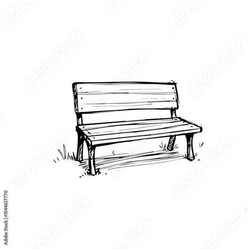 Simple wooden park bench hand drawing.  Sketch of simple outdoor bench perfect for relaxation.  Wooden bench illustration suitable for park design, garden planning, and furniture catalog.