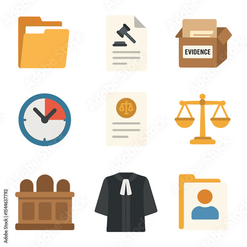 Legal Icon Grid. Flat icon set of legal case management: case files, court documents, evidence box, deadline