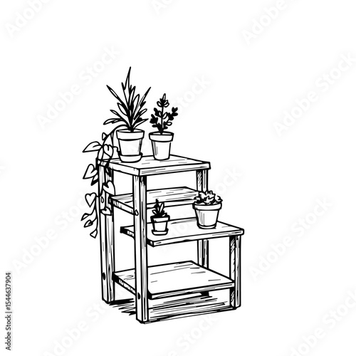 Three-tiered plant stand with potted plants. Stylish wooden plant stand design features succulents and herbs in clay pots.  Simple plant stand design perfect for home decor, interior design projects,