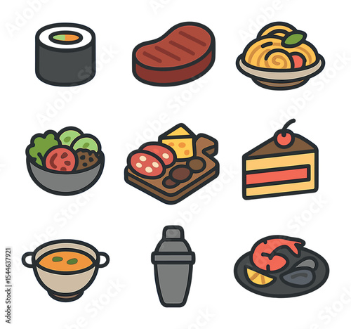 Culinary Cuisine Icons. Flat icon set of culinary specialties: sushi roll, steak, pasta dish, seafood platter,