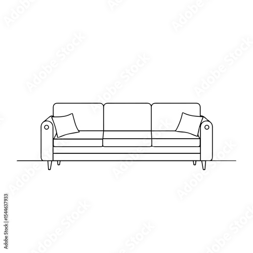 Modern three-seater sofa design with armrests and pillows. Comfortable sofa with simple lines and elegant style. This sofa sketch is perfect for furniture catalogs and interior design projects.