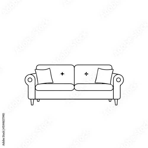 Comfortable sofa with two cushions and rolled armrests. Stylish sofa design features elegant lines and simple upholstery.