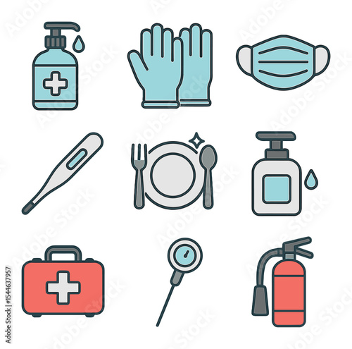 Hygiene and Safety Icons. Flat icon set of hygiene and safety: hand sanitizer, gloves, mask, thermometer,