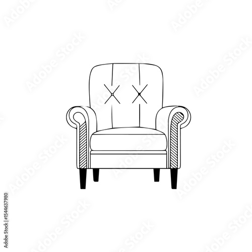 Comfortable armchair with tufted backrest and rolled arms.  Stylish armchair design features button tufting and elegant rolled armrests.