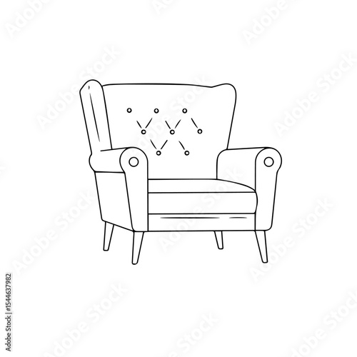 Comfortable armchair with button tufting and rolled arms. Classic armchair design featuring elegant upholstery and tapered legs. This stylish armchair illustration is perfect for furniture catalogs,