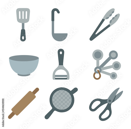 Modern Kitchen Utensils. Flat icon set of kitchen utensils: spatula, ladle, tongs, mixing bowl, peeler,
