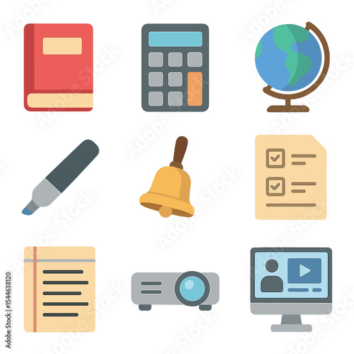 Educational Tools Icons. Flat icon set of educational tools and resources: textbook, calculator, globe,