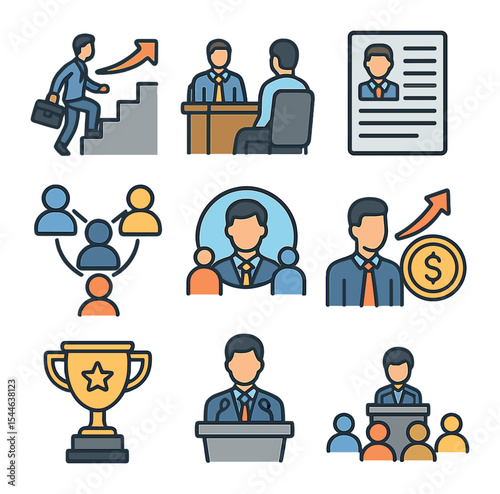 Career Growth Icons. Flat icon set of career growth in education: promotion ladder, job interview, resume,
