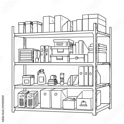 Organized storage shelving unit with boxes and office supplies.  Shelving system contains various containers, files, and stationery items.