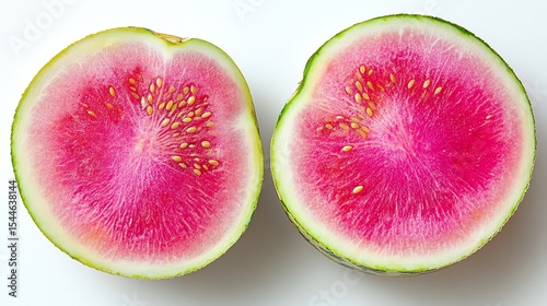 Sliced watermelon radish displaying vibrant pink and green colors.
