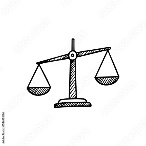 Hand drawn scales of justice illustration.  Detailed sketch of balanced scales with equal weights on each side.  Simple scales icon perfect for legal themes, law firm branding, or website design.