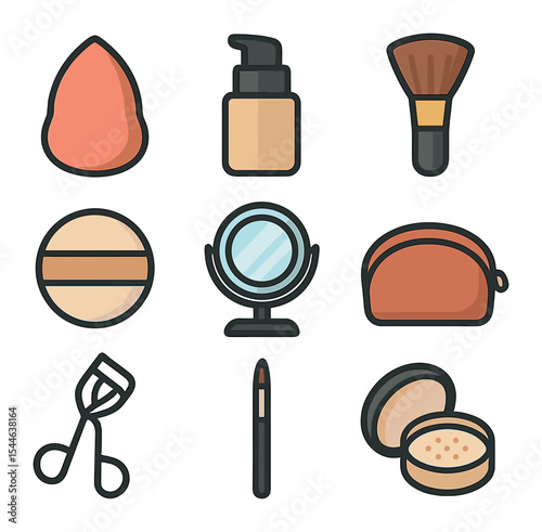Makeup Icon Collection. Flat icon set of makeup application tools: blending sponge, foundation pump, contour