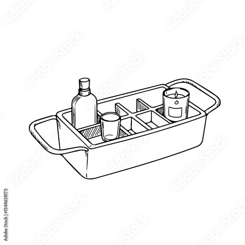 Rectangular tray with compartments for bottles, glasses, and candles.  This stylish serving tray is perfect for organizing drinks and accessories.  Elegant design ideal for home bars, stylish parties,