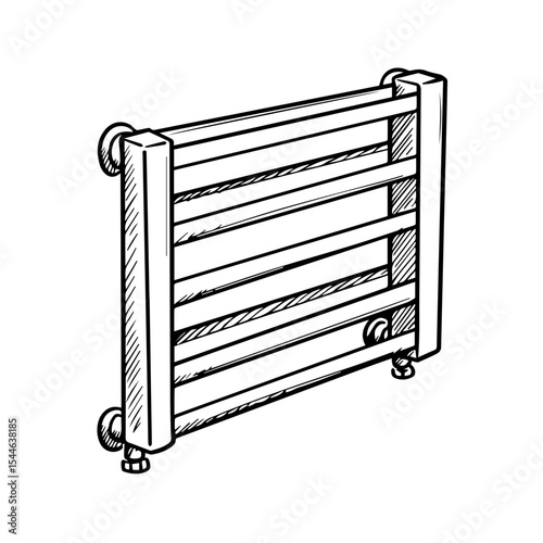 Modern heated towel rack design for bathroom interior. Stylish chrome towel warmer with multiple bars provides efficient drying.
