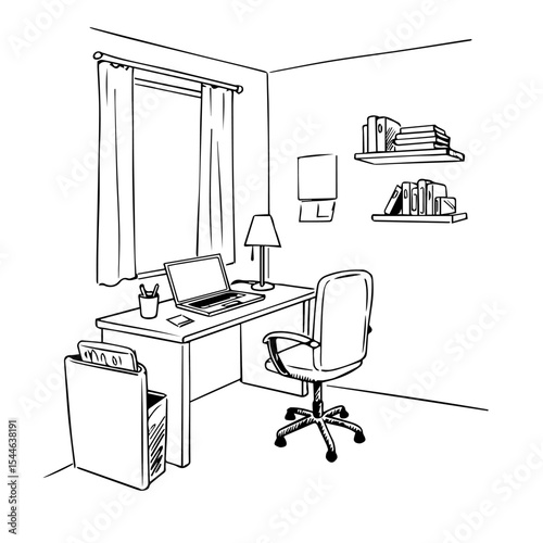 Home office workspace with desk, chair, laptop, and shelves. Comfortable home office setup includes modern furniture and stylish decor.