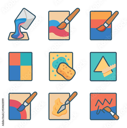Acrylic Techniques Icons. Flat icon set of acrylic painting techniques: pouring, glazing, layering, blocking