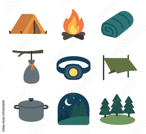Camping Adventure Icons. Flat icon set of overnight wilderness camping: tent setup, fire pit, sleeping bag,