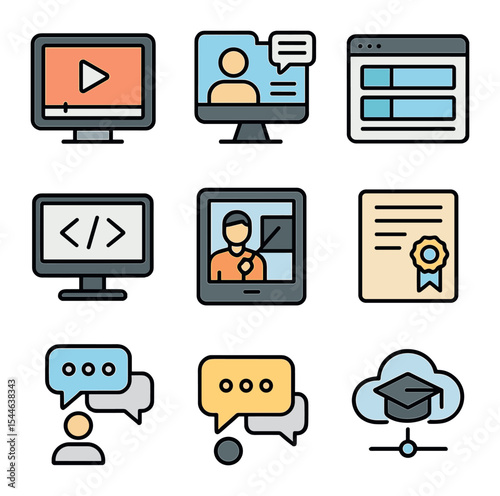 Online Tech Education Icons. Flat icon set of online tech education: video tutorial, webinar screen, course