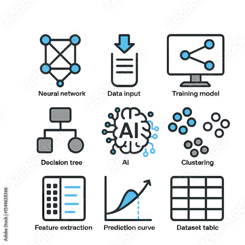 AI Basics Icon Set. Flat icon set of AI and machine learning basics: neural network, data input, training