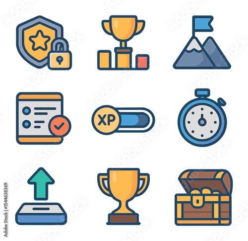 Tech Learning Icons Set. Flat icon set of gamified tech learning: badge unlock, leaderboard, challenge icon,