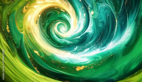 Abstract swirling vortex of emerald green and gold paint creating a mesmerizing cosmic art design