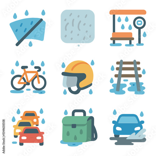 Rainy Day Transportation Icons. Flat icon set of rainy day transportation: windshield wiper, foggy window,