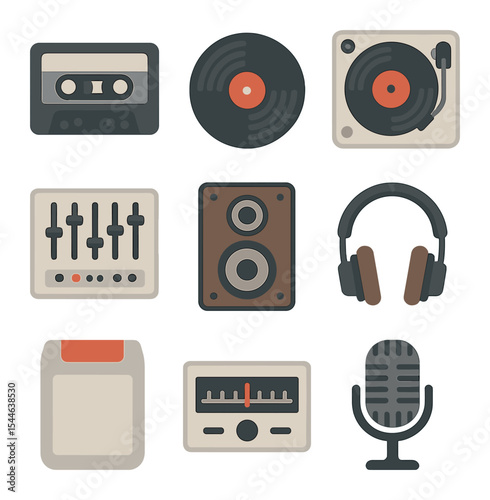 Retro Audio Icons. Flat icon set of retro audio gear for decor: cassette tape, vinyl record, record player,