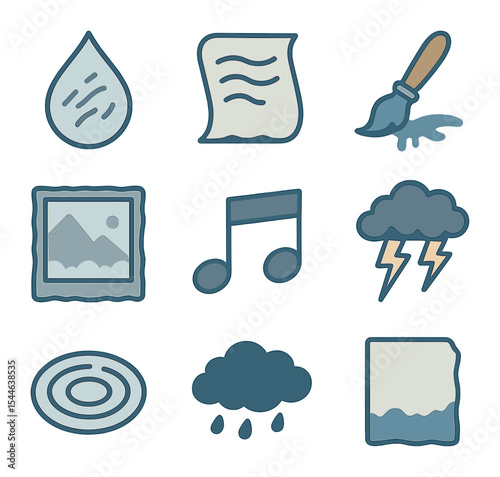 Rainy Creativity Icons. Flat icon set of rain-inspired creativity: raindrop sketch, rainy poem, dripping