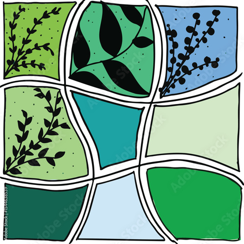 Abstract botanical art with curved blocks of green and blue shades, decorated with hand-drawn plant silhouettes. A creative and colorful natural background design.