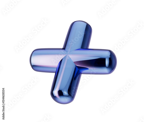 3d Blue plus symbol with a smooth, reflective metallic surface and rounded edges. 3d illustration