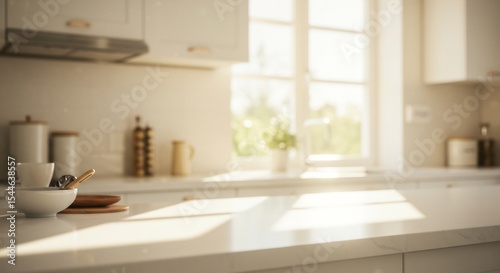 明るい日差し輝く清潔なキッチンカウンター. AI Generated