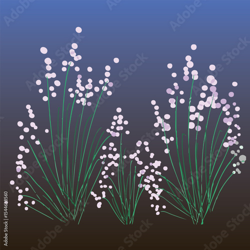 Elegant abstract floral illustration with delicate pink blossoms on green stems over a gradient blue background. Ideal for nature, design, or botanical themes.
