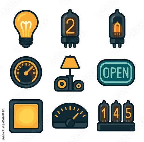 Retro Lighting Icons. Flat icon set of retro lighting using electronics: filament bulb, Nixie tube, glowing