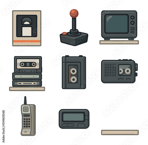Retro Tech Icon Set. Flat icon set of collector’s shelf display: boxed VHS tape, retro joystick, mini CRT TV,