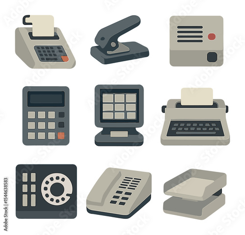 Vintage Tech Icon Set. Flat icon set of vintage office tech aesthetics: adding machine, paper punch, intercom,