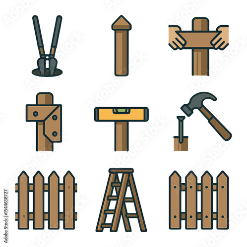 Wooden Fence Icon Set. Flat icon set of wooden fence construction steps: post hole digger, post cap, plank