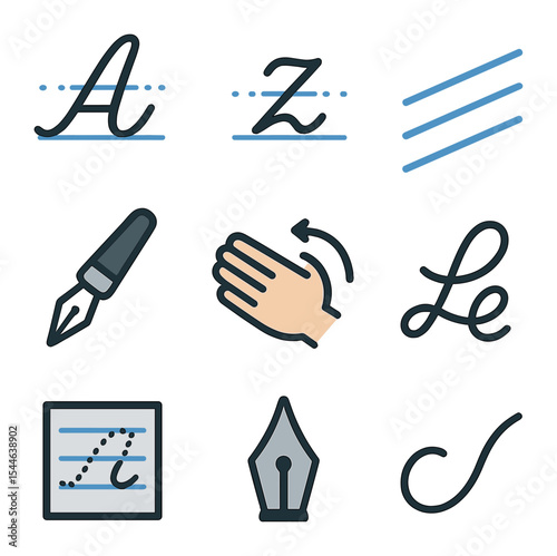Cursive Writing Icons. Flat icon set of cursive writing practice: cursive A, cursive z, slanted guidelines,