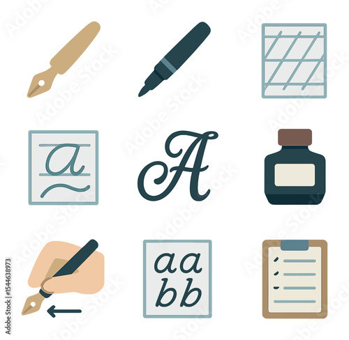 Calligraphy and Handwriting Icons. Flat icon set of calligraphy and lettering practice: calligraphy pen, brush