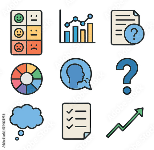 Self-Reflection Tools Icons. Flat icon set of self-reflection tools: mood tracker, timeline chart, daily