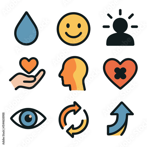 Emotional Growth Icons. Flat icon set of journaling and emotional growth: tear drop, smile icon, shadow figure